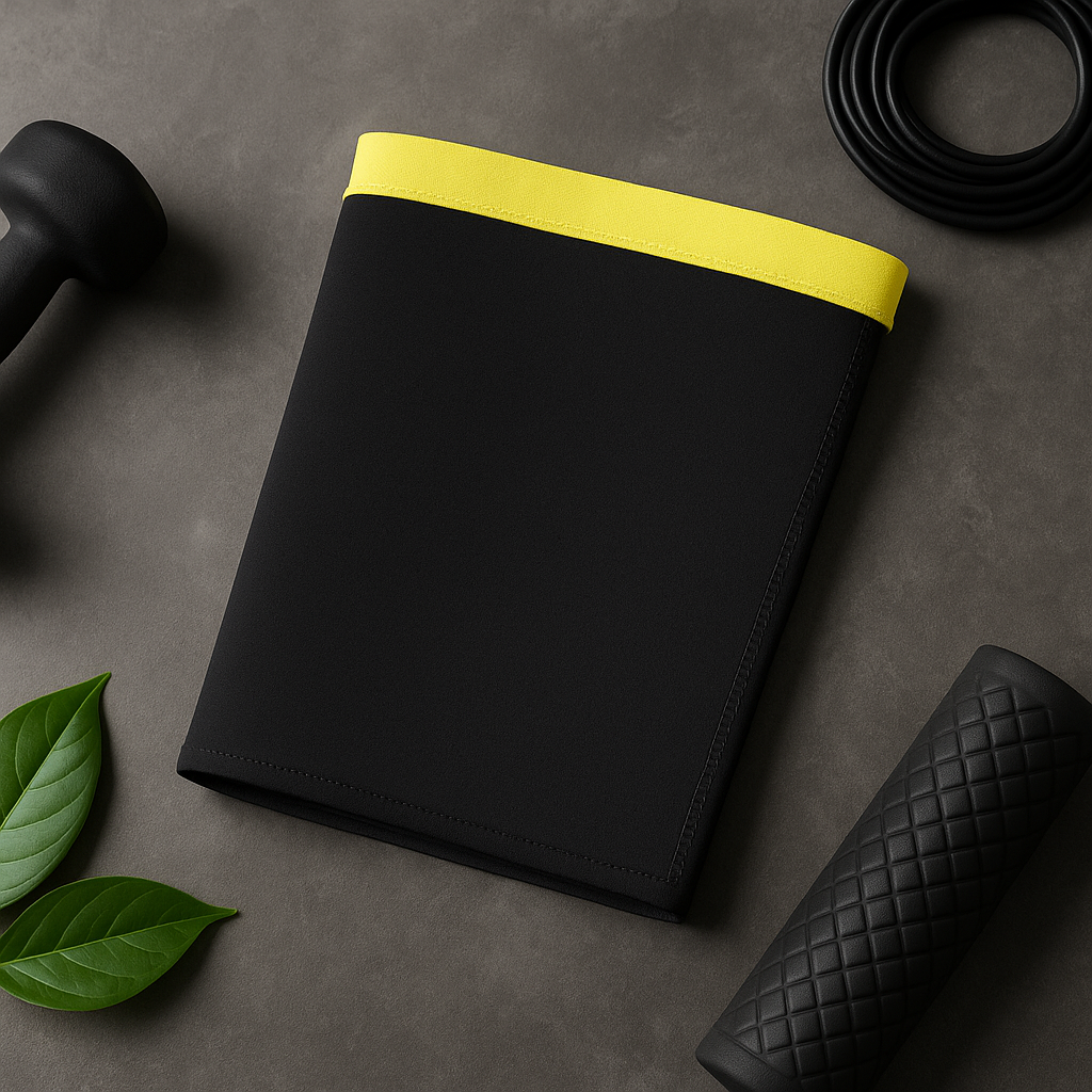 Slimming Arm Compression Sleeves in black with yellow trim on a fitness background.