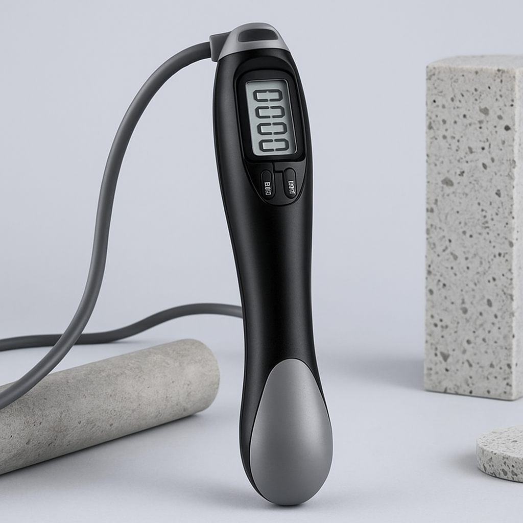 Smart cordless jump rope with digital display and ergonomic design for effective fitness training.