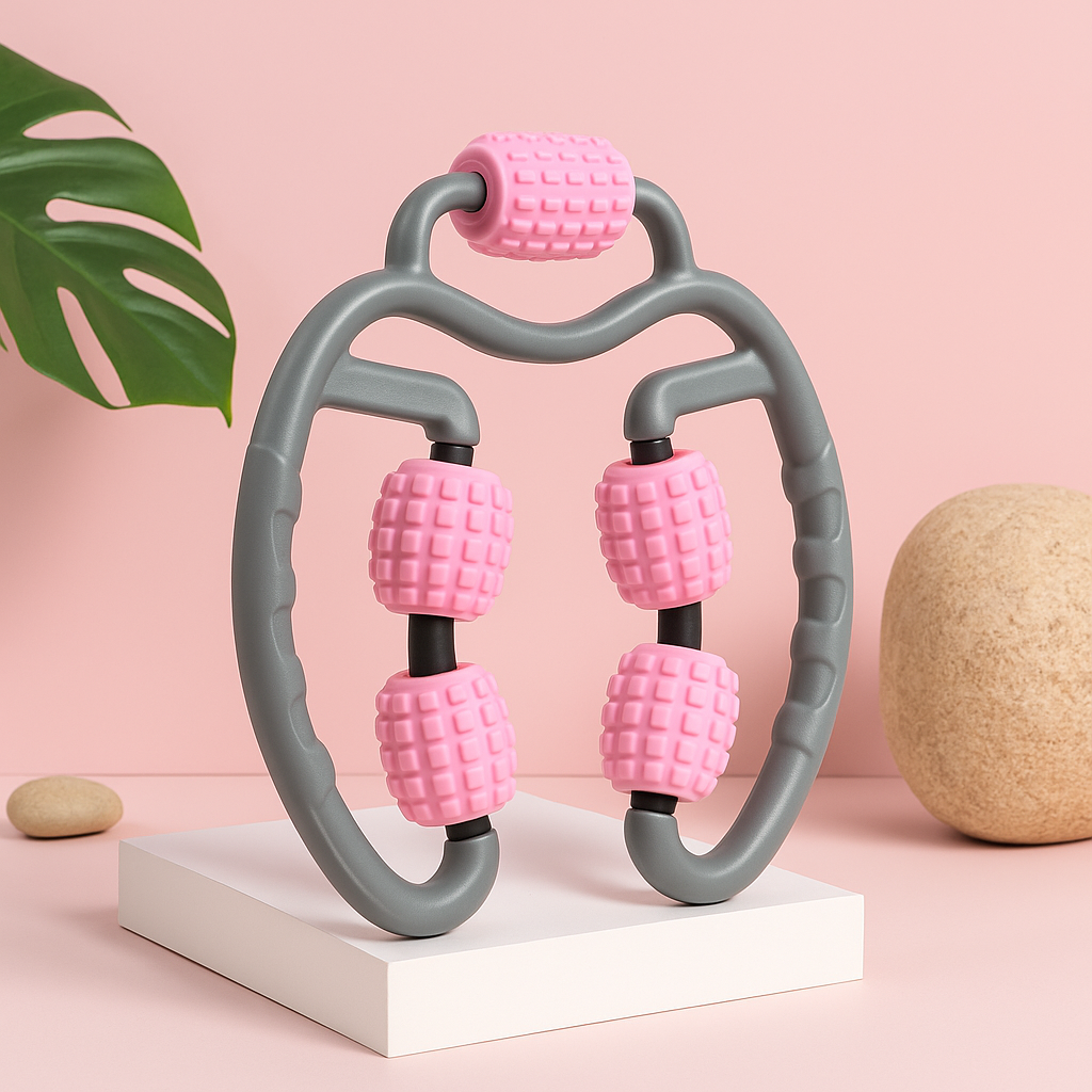 360 degree massage roller for full body relief and muscle recovery, featuring a U-shape design and soft massaging rollers.
