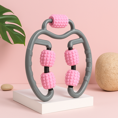 360 degree massage roller for full body relief and muscle recovery, featuring a U-shape design and soft massaging rollers.