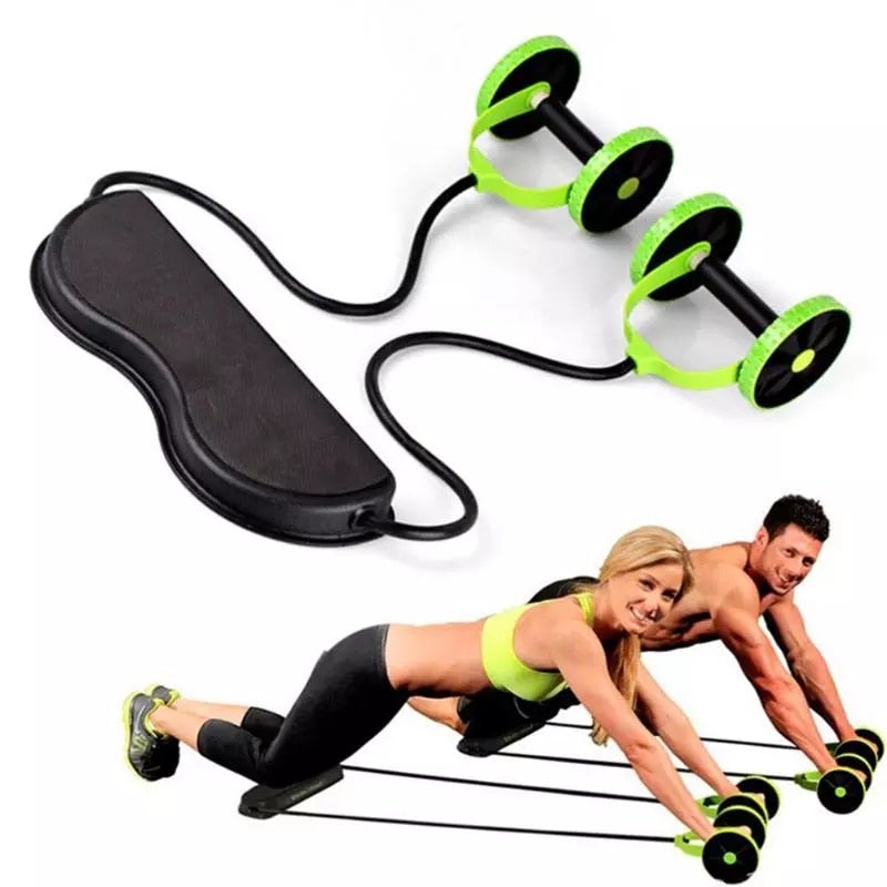 Ab roller wheel workout for core strength with a couple demonstrating use of the fitness tool.