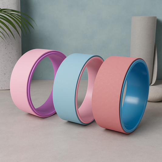 Yoga Pilates Circle Ring in pink, blue, and coral colors for enhancing balance and flexibility in yoga practice.