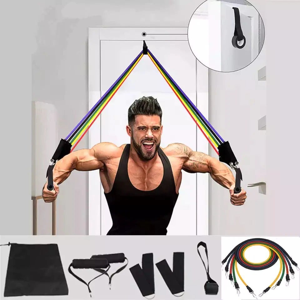 Man demonstrating the 11-Piece Resistance Band Workout Set with colorful bands in a home setting.