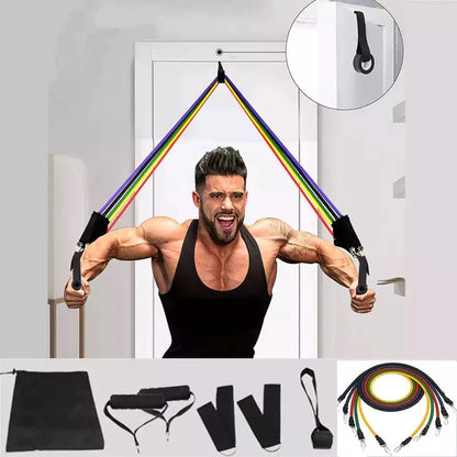 Man demonstrating the 11-Piece Resistance Band Workout Set with colorful bands in a home setting.