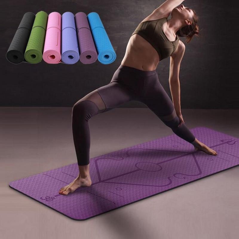 Non-Slip Yoga Mat with Alignment Lines in purple, woman demonstrating yoga pose, various colors displayed behind.