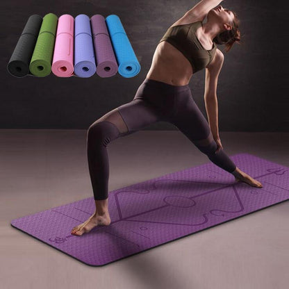 Non-Slip Yoga Mat with Alignment Lines in purple, woman demonstrating yoga pose, various colors displayed behind.