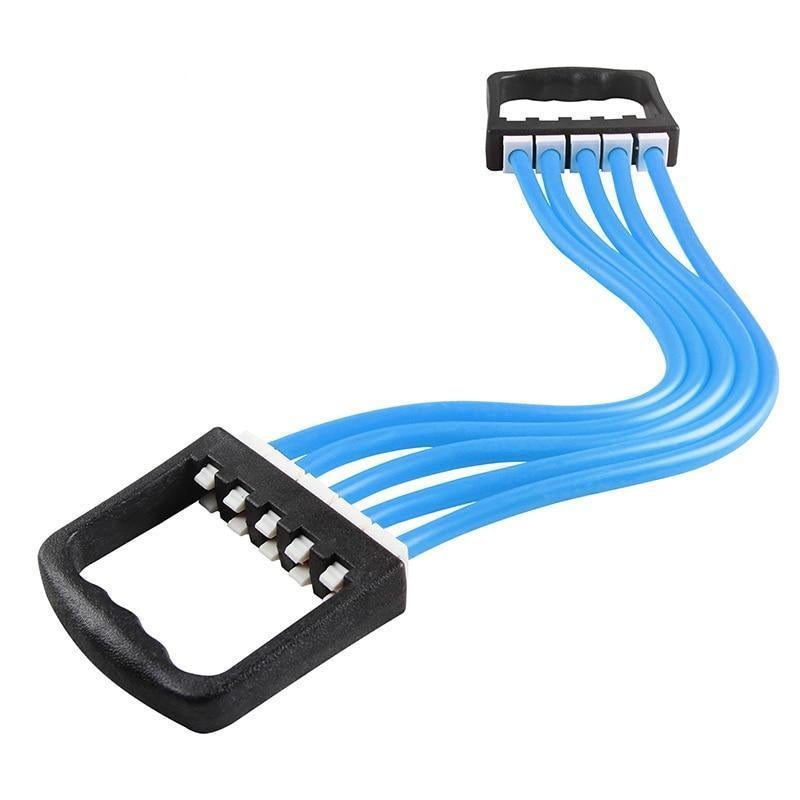 Adjustable chest expander resistance band with blue elastic tubes and black handles for full-body workouts.