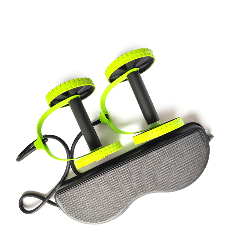 Ab roller wheel workout with dual wheels and cushioned mat for core and full body training.