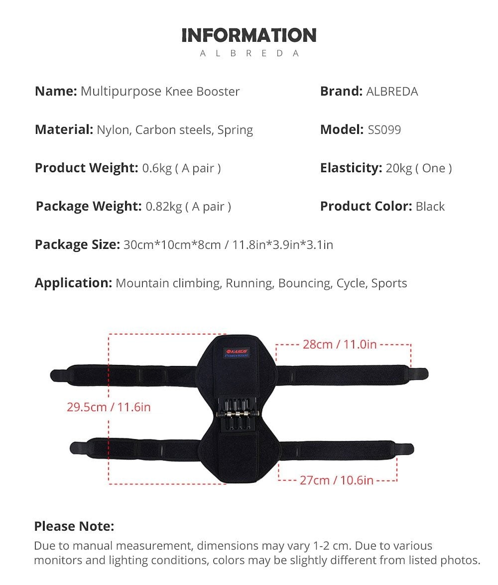 PowerLift Knee Support Pads product information including dimensions and materials for enhanced knee support.