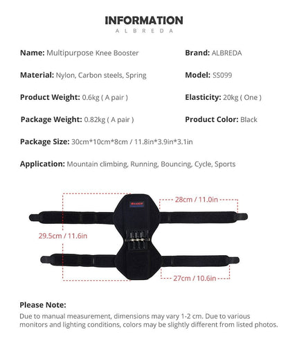 PowerLift Knee Support Pads product information including dimensions and materials for enhanced knee support.