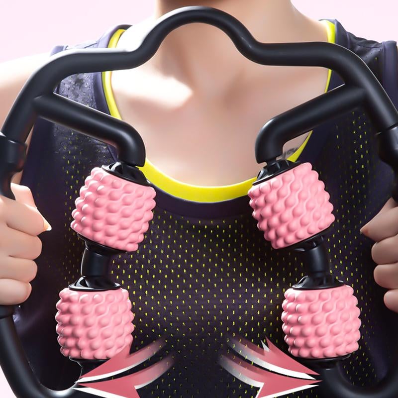 Close-up of a person using a U-Shape 360 degree massage roller for muscle relief and relaxation.