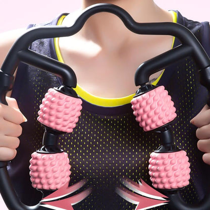Close-up of a person using a U-Shape 360 degree massage roller for muscle relief and relaxation.