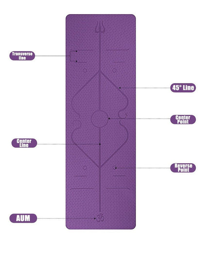 Non-Slip Yoga Mat with Alignment Lines showing various alignment markers including center and transverse lines.