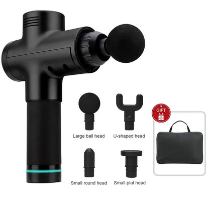 Black Power Pulse Massage Gun with interchangeable massage heads and carrying case for muscle recovery.