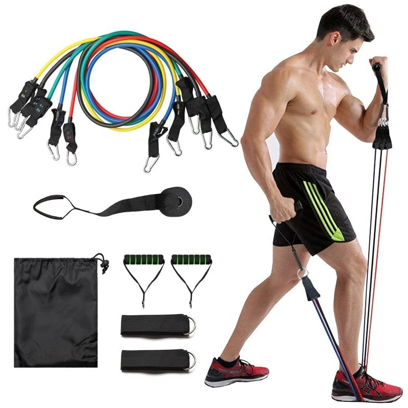 Man using the 11-Piece Resistance Band Workout Set for a full-body workout at home.