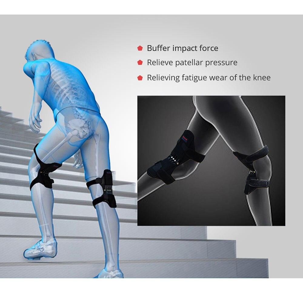 PowerLift Knee Support Pads shown on a person ascending stairs, illustrating knee support and pressure relief.
