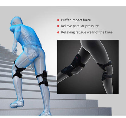 PowerLift Knee Support Pads shown on a person ascending stairs, illustrating knee support and pressure relief.