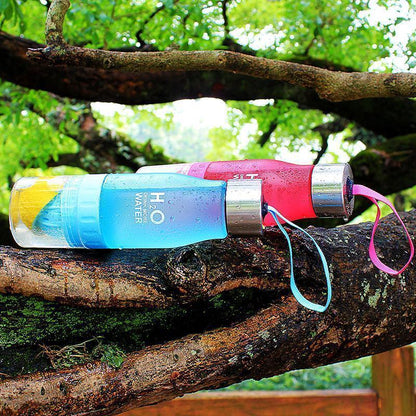 H²O Fruit Infuser Water Bottle in blue and pink colors on a tree branch, perfect for flavored hydration.