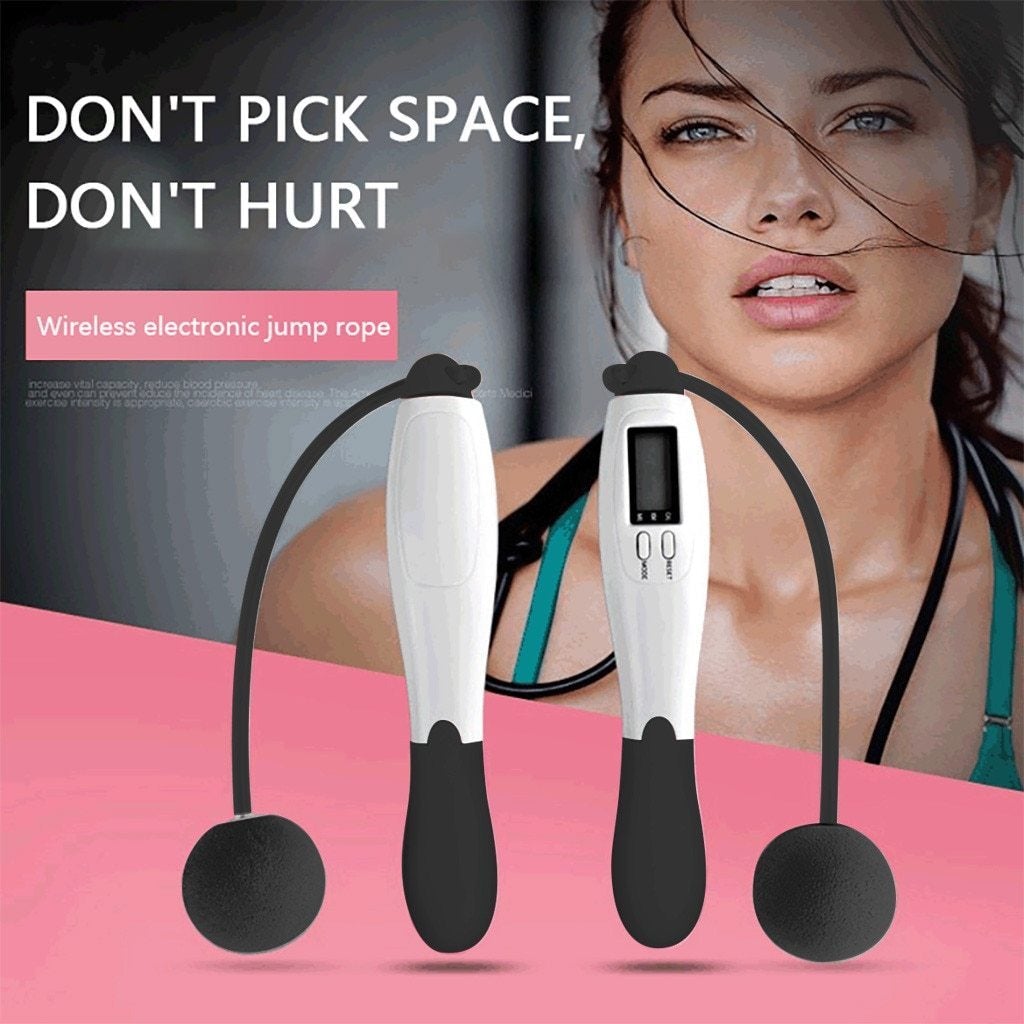 Smart cordless jump rope displayed with a woman promoting wireless electronic jumping for fitness.