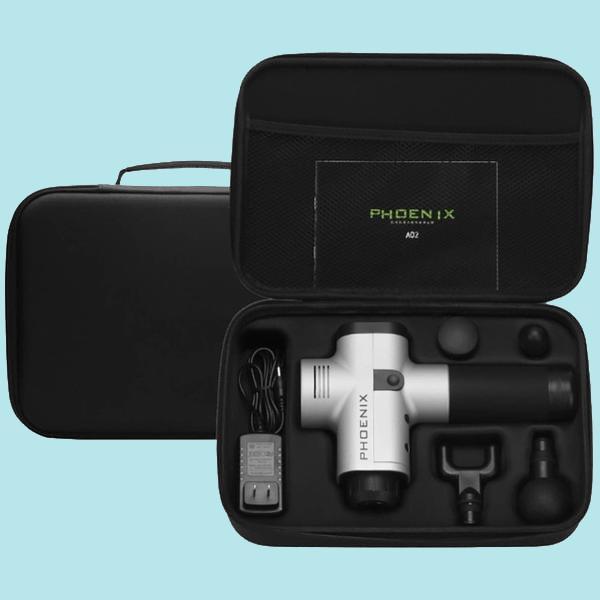 Power Pulse Massage Gun in a portable case with attachments and charger, ideal for muscle relaxation and recovery.