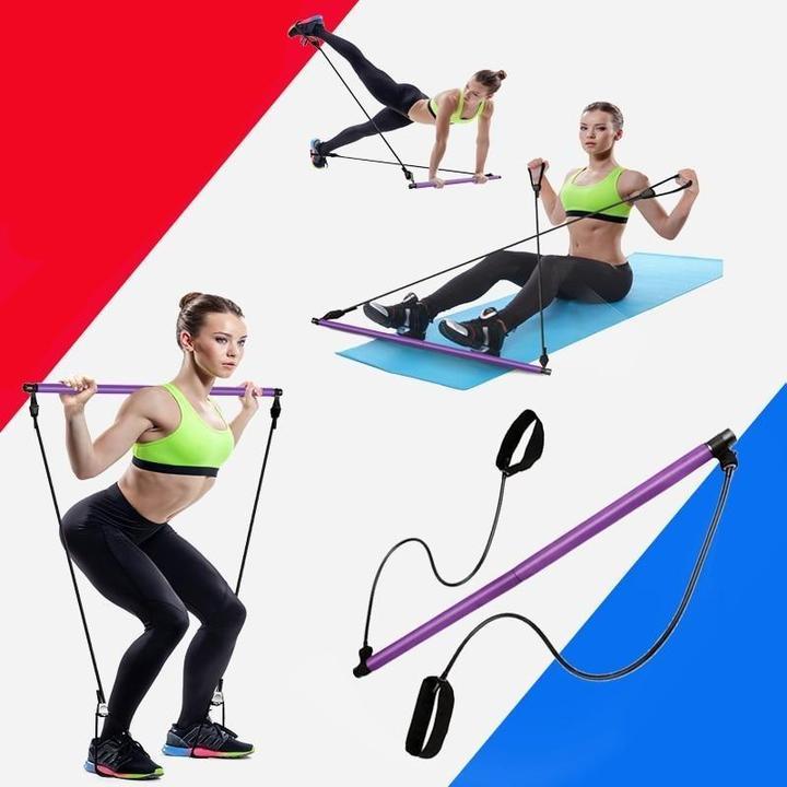Pilates Squat Resistance Bar with Bands demonstrating various exercises on a colorful background.