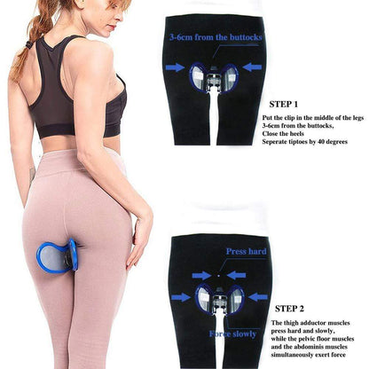 Hip & Buttock Muscle Trainer instructional guide for effective home workouts, demonstrating usage steps for toning pelvic floor.