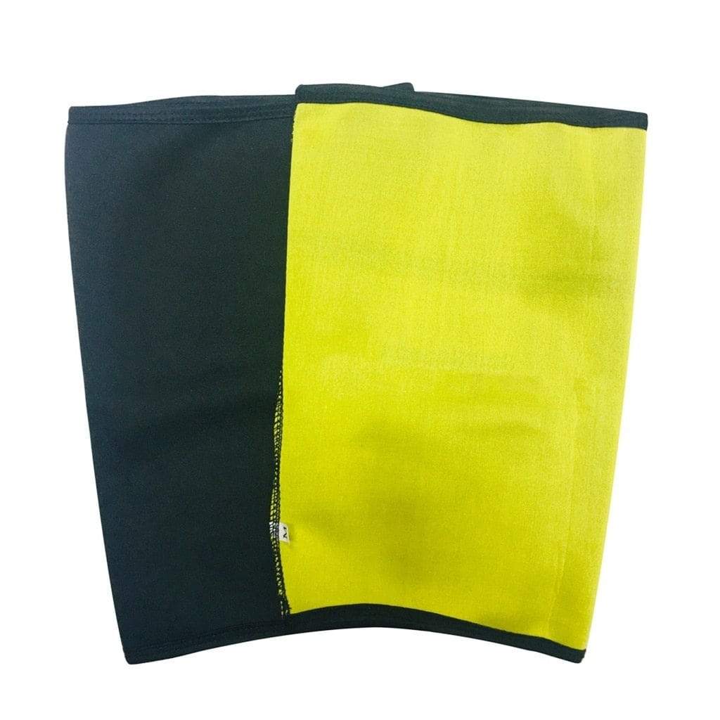 Slimming Arm Compression Sleeves in black and yellow, designed for support and improved circulation during workouts.