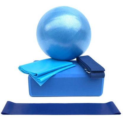5-Piece Yoga Ball & Block Set including a blue yoga ball, block, straps, mat, and resistance band.