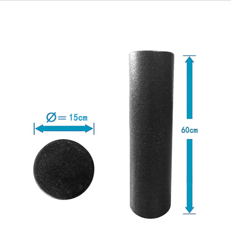 Yoga Foam Roller - Fitness Equipment dimensions, 60cm tall and 15cm diameter, ideal for muscle relief and flexibility.