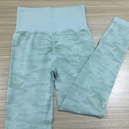 High Waist Fitness Leggings in a soft green camo pattern, featuring a supportive waistband and a sleek design.